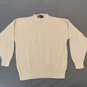 Expressions Sweater Mens Large‎ Ivory Crewneck Cotton Basketweave Made in USA